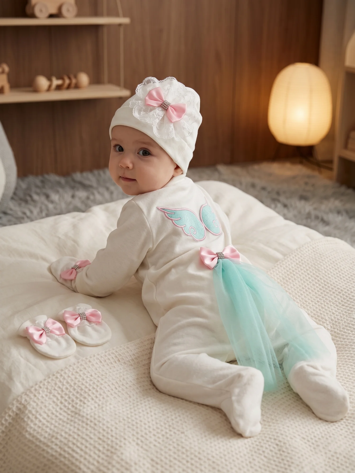 Soft Cotton Embroidered Angel Baby Footed Onesie Set Rhinestone Satin Bow Hat Mittens Infant Girl Birthday Photo Costume