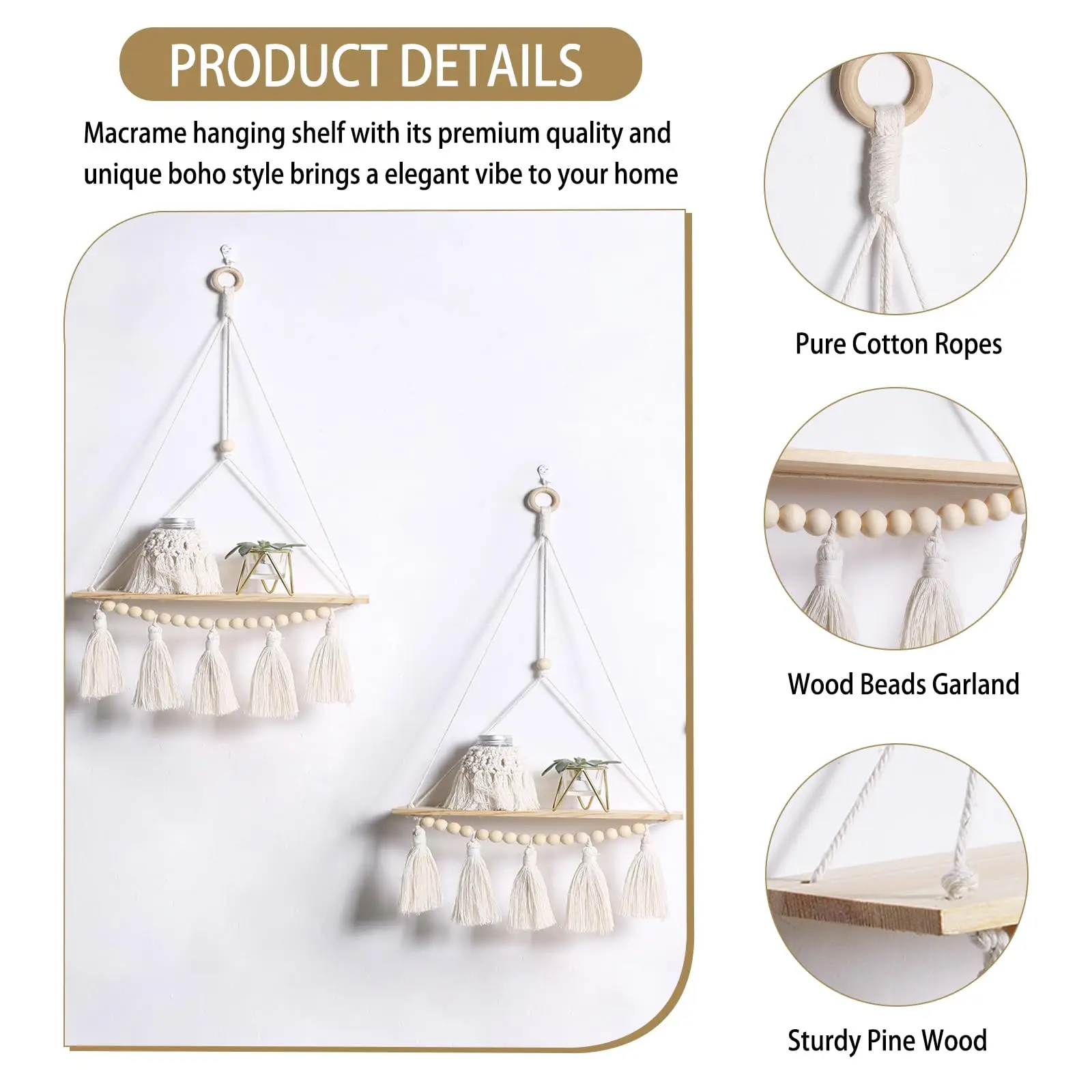 Makramee-Wandregal zum Aufhängen, schwebendes Wandregal, Boho-Heimdekoration, Regale, Wand, Holzdekoration für Schlafzimmer, Wohnzimmer, Kinderzimmer, Geschenk – Detail 9