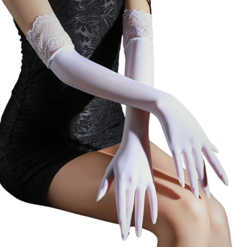 Women Sexy Gloves Lace Anti-Hook Oil Shiny Glossy Cos Dress Up Silky Long Sleeves Finger Glove Transparent Exotic Lingerie