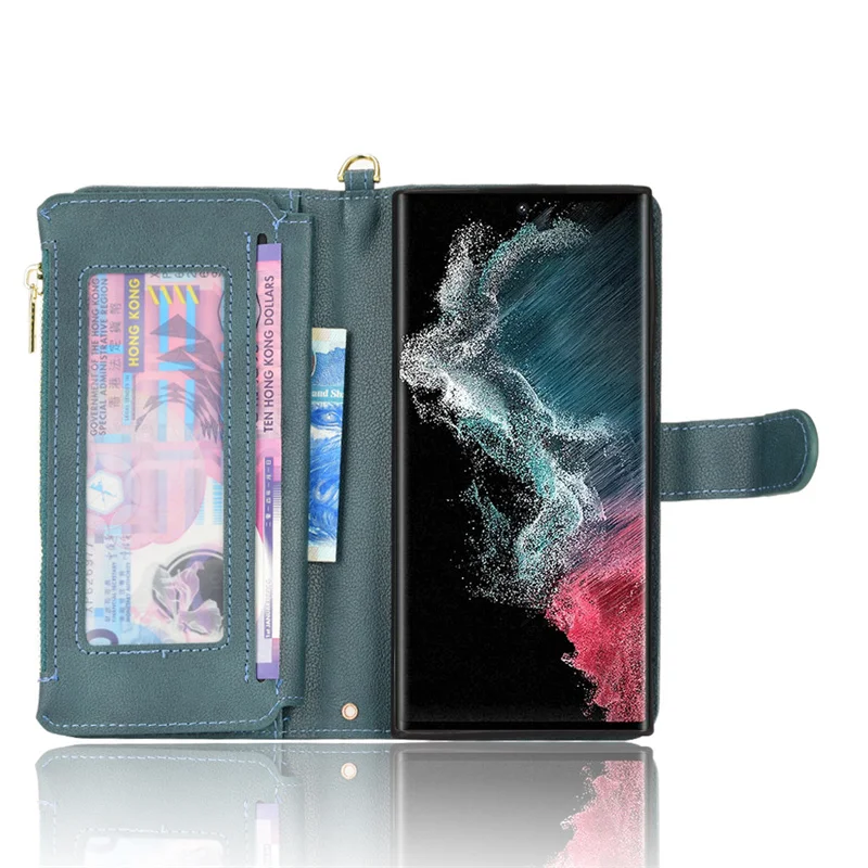สำหรับ Samsung Galaxy S22 S23Plus S21 S24 FE Note 20 A53พิเศษ33 13 22 52S 32 5G เคสฝาพับหลายช่องมีซิปสะพายไหล่