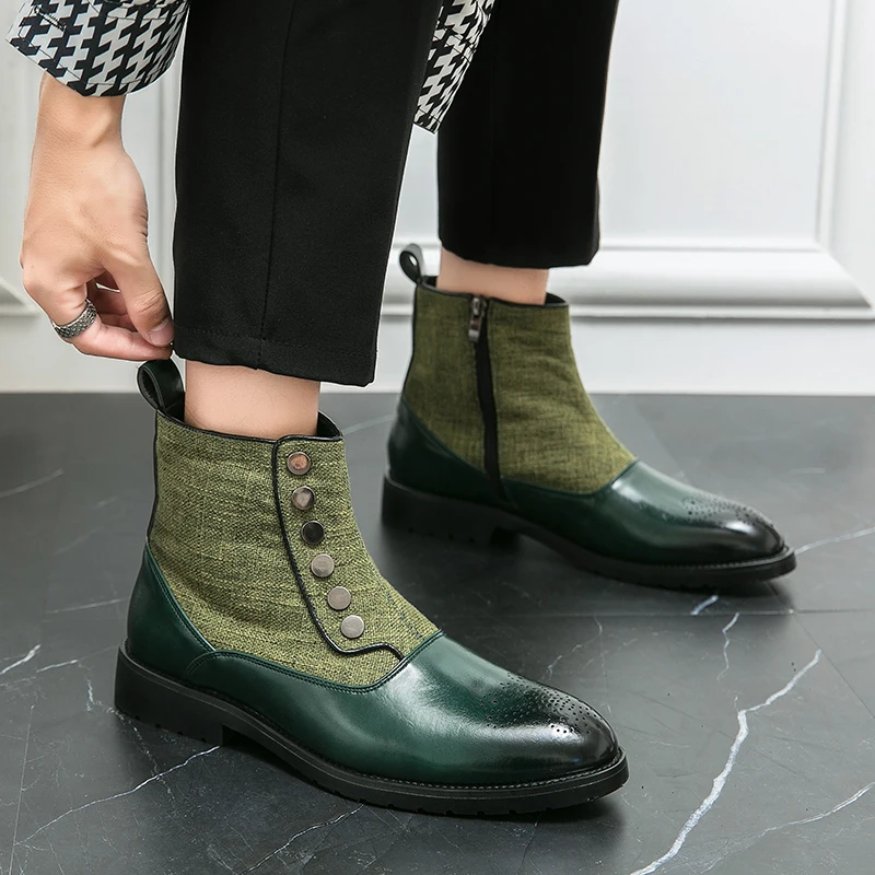 Leather Boots Wedding Shoes for Men Green Button Metal Man Chelsea Boots Business Leather Pointed Ankle Boots Men Botas Chelsea