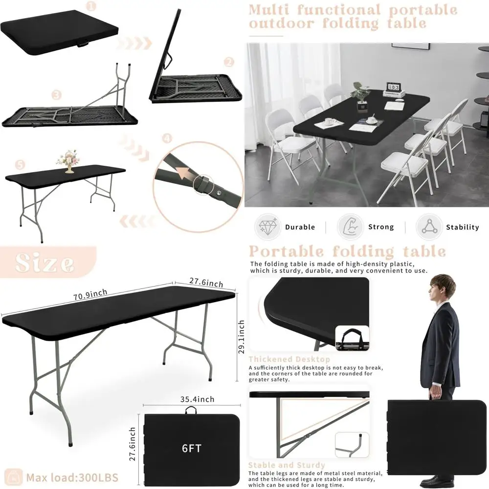 

Portable 6-Foot Plastic Outdoor Folding Table with Steel Legs and Carry Handle for Camping, Picnics, Parties, and Events (Black)