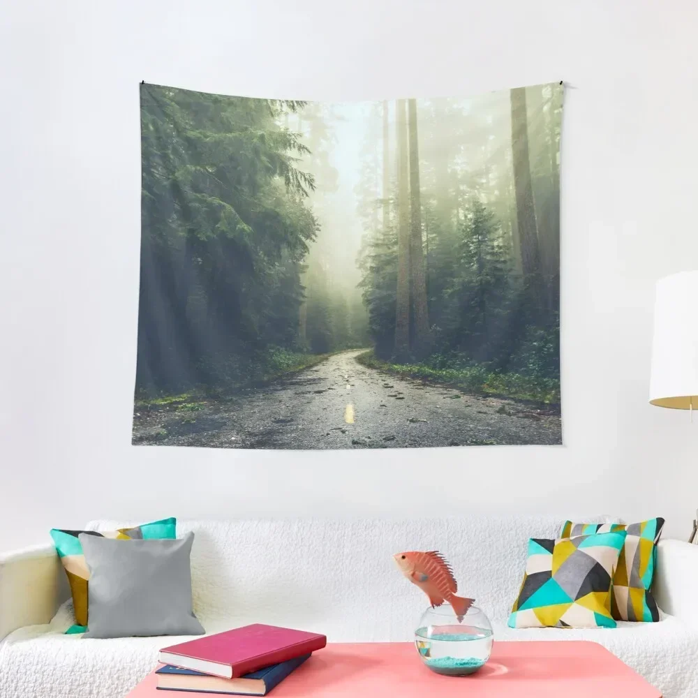 

Green Forest Fog Road Wanderlust - California Redwoods Road Trip Tapestry Wall Decor Hanging Bedrooms Decorations Tapestry