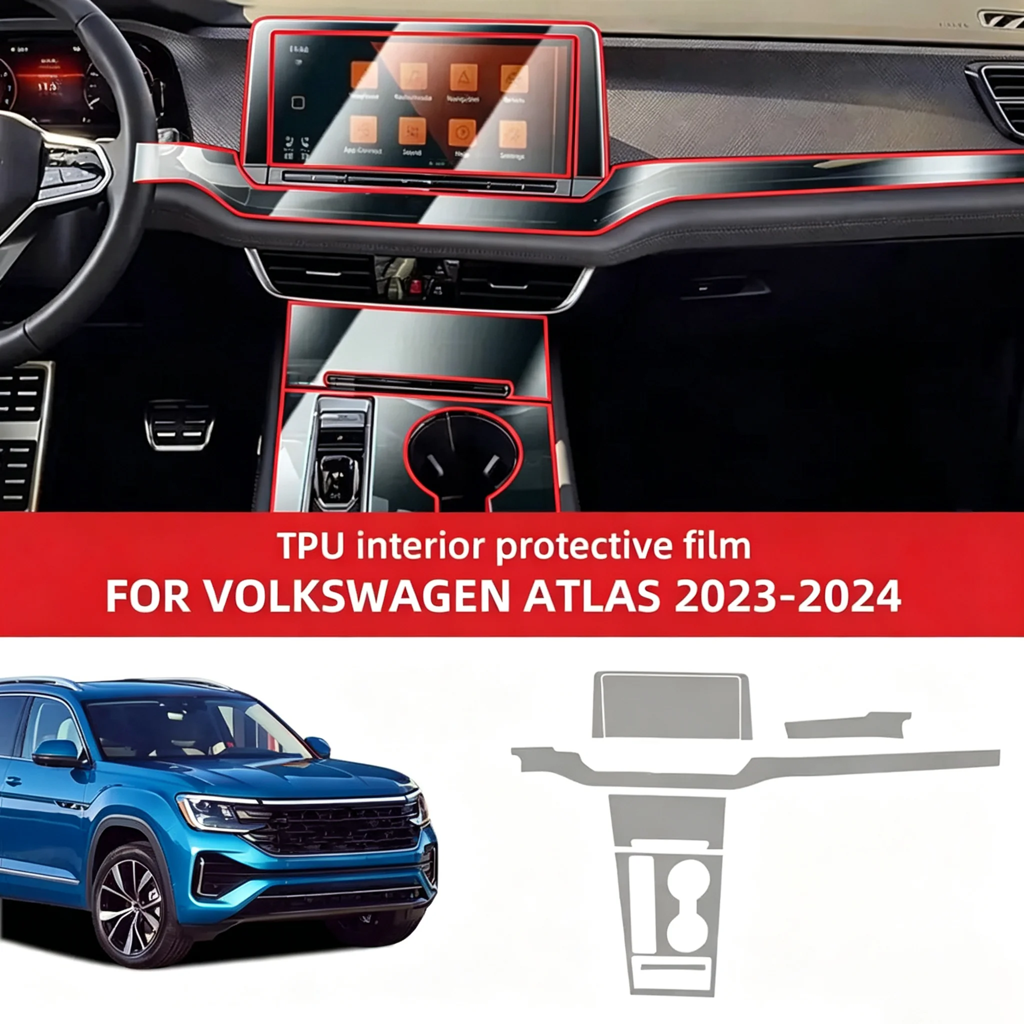 For VW VOLKSWAGEN ATLAS 2023-2024 Car Interior Transparent TPU Protective Film Center Console Screen Anti-scratch Stickers