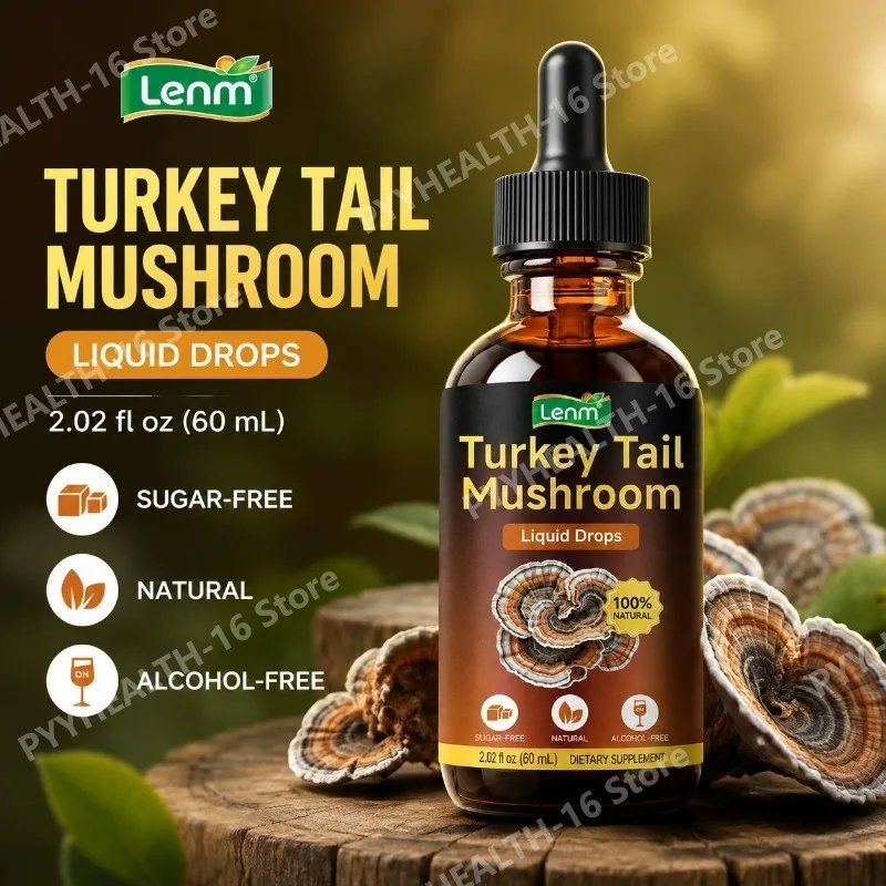 Lenm Turkey Tail Mushroom Liquid Drops Immune Support with Fruiting Body Extract Vegan Sugar-Free Gluten-Free 60ML 30 Servings