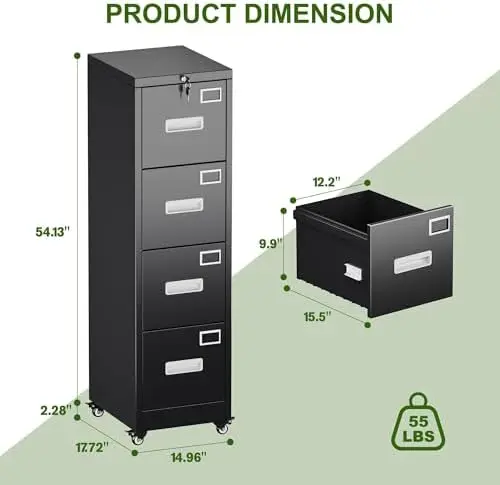 4 Drawer File Cabinet with Lock and Wheels, Metal Vertical Filing Cabinet with Anti-Tilt Interlock System for Home