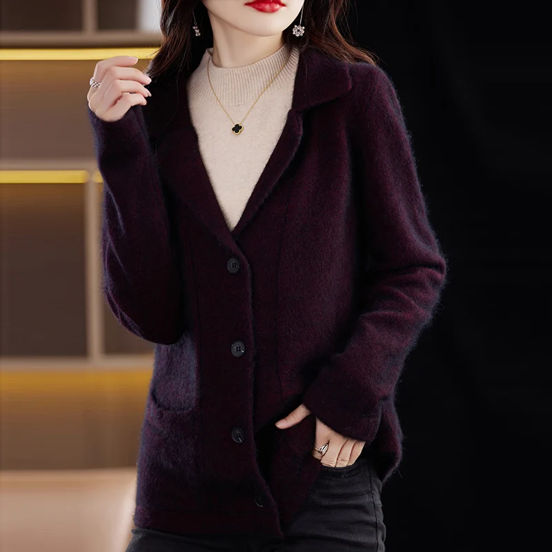 Hot selling cardigan women\'s lapel 100% mink cashmere sweater long sleeved knitted comfortable warm jacket single breasted sweat