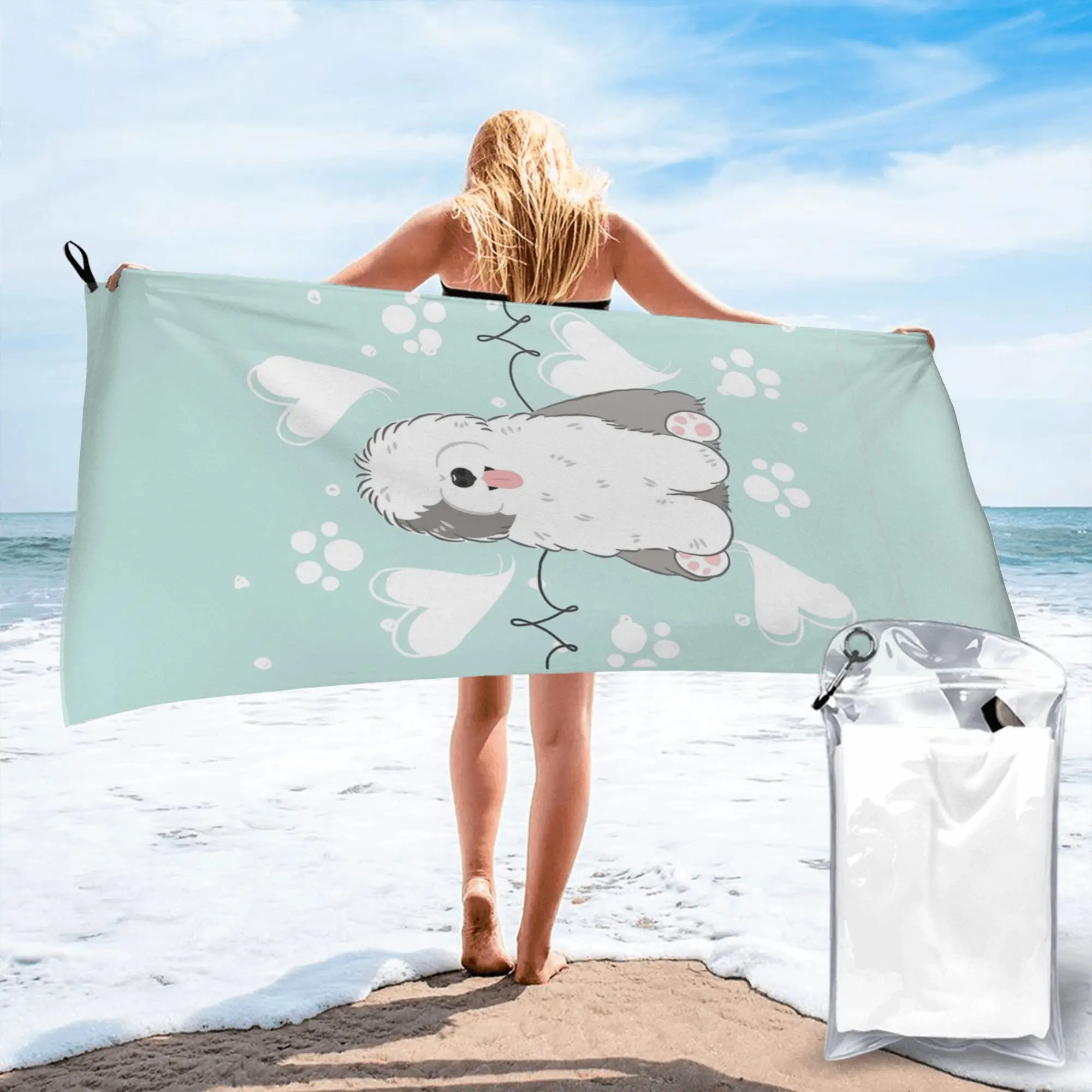 Love Old English Sheepdog  Beach Towel Soft Microfiber Quick Dry Absorbent Quick Towels For Pool