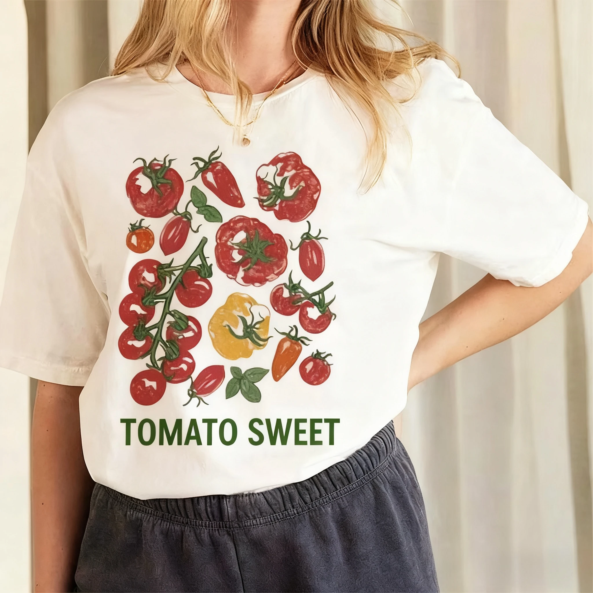 

Симпатичная футболка с принтом красного помидора в стиле 90-х, женская футболка с узором, модная повседневная летняя универсальная осенне-зимняя внутренняя одежда