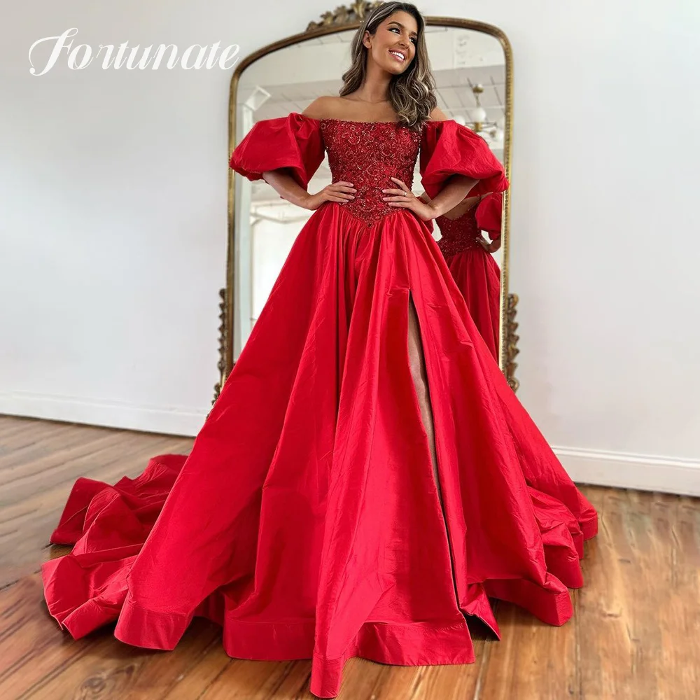 Vestidos de Noche rojos con cuello Barco, Vestido de satén con cuentas, mangas cortas abullonadas, línea A, abertura lateral, graduación, fiesta de boda