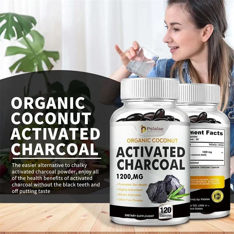 Organic Coconut Activated Charcoal Capsules - Helps Relieve Gas & Bloating, Detox and Lubricating, for Normal Bowel Function