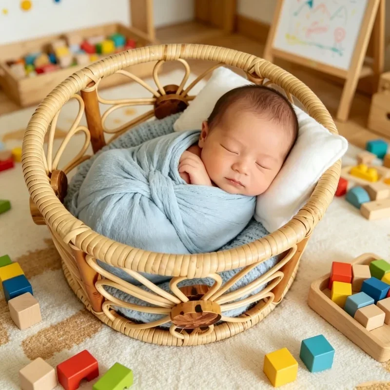 Handmade Vintage Rattan Bed Basket Newborn Photo Props Decorative Backdrop Accessory For Infant Studio Photo Shooting Work
