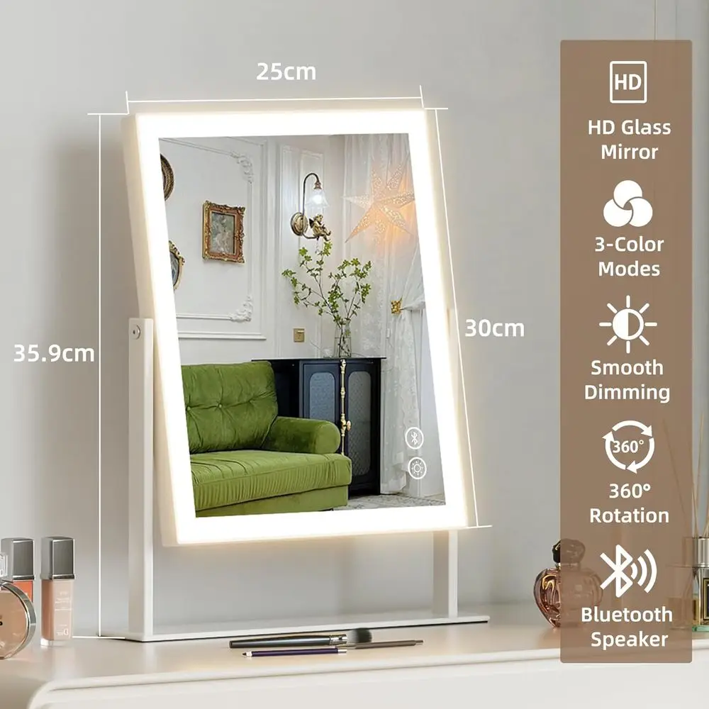 Bluetooth LED Makeup Mirror, 11.8x9.8, 3 Color Modes, Touch Control, Detachable 10X Magnifier, 360° Rotation