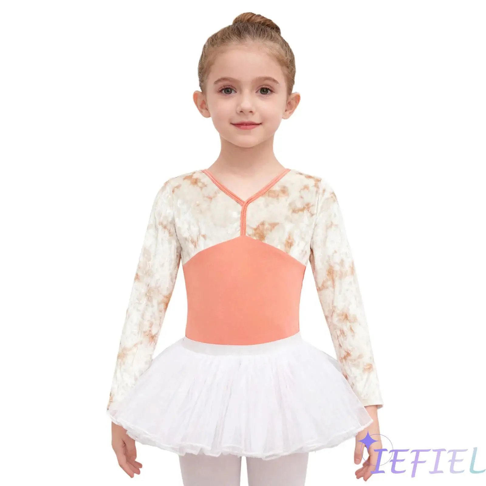 

Kids Girls Ballet Dance Outfit V-Neck Long Sleeve Velvet Patchwork Leotard with Layered Tulle Skirt for Practice Competition
