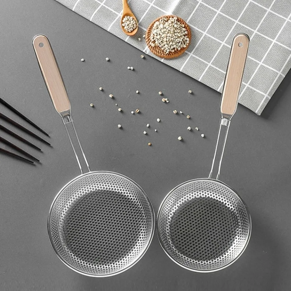 

New Thickened Stainless Steel Strainer Wooden Handle Long Handle Dumpling Strainer Fine Mesh Skimmer Spoon Kitchen Tool