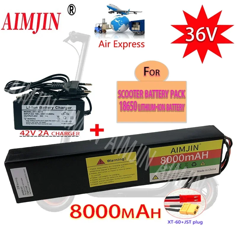 

10S3P 36V 8000mAh Li-ion Rechargeable Battery XT60+JST Plug Whit 42V 2A Charger Suitable for Electric Scooter Replace battery