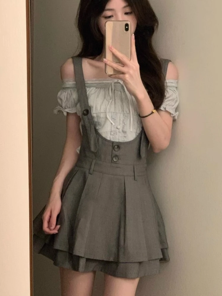 

Серый сладкий женский комплект из 2 предметов в корейском стиле, дизайнерский топ Y2k в горошек + шикарная юбка на подтяжках, Harajuku, женская одежда в стиле ретро с милым бантом