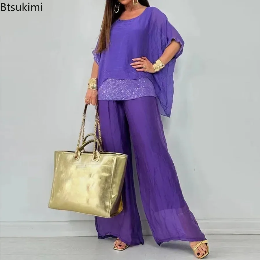 Neues Chiffon-Pailletten-Patchwork Freizeitanzug-Set für Damen mit O-Ausschnitt Pullover-Oberteil Weite Hose 2-teiliges Set Fledermausärmel Lockeres Outfit