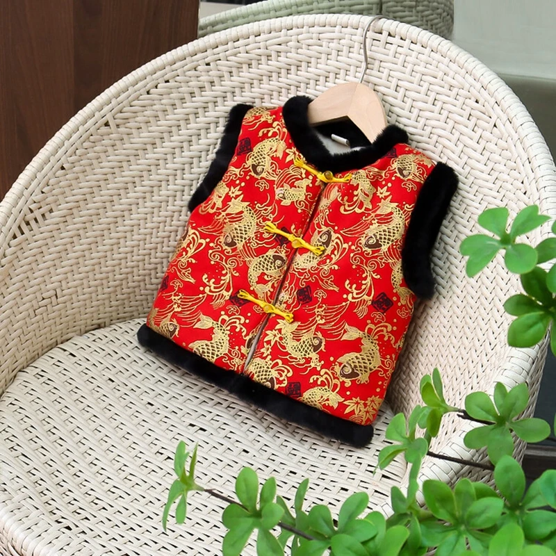 2024 Winter 1- 8 Years Kids Waistcoats Chinese New Year Traditional Tangsuit Baby Thicken Cotton Padded Print Vest For Girls