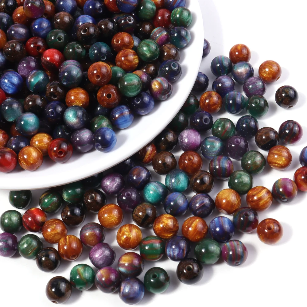 50 Stück 8mm Dunkle Farbe Imitation Katzenauge Harzperlen Glitzer Sternenhimmel Runde Lose Perlen für Schmuckherstellung DIY Armbänder Halskette – Detail 6