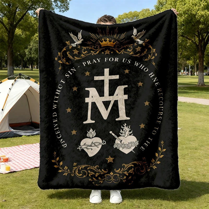 Mary Catholic Flannel Blanket, Marian Devotion Flannel Throw, Immaculate Heart Christian Warm Blanket, Catholic Religiou