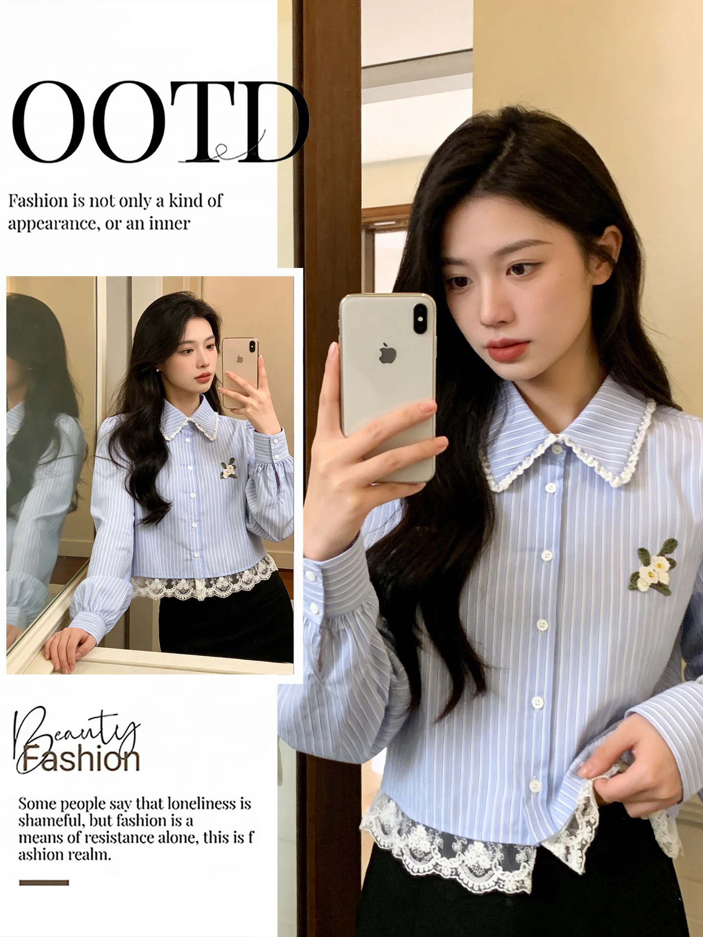 

Retro Lace Patchwork Long Sve Striped irt Women's Ele Sle Breathable Polyester Fiber Winter New Sweet Anti-Aging Top