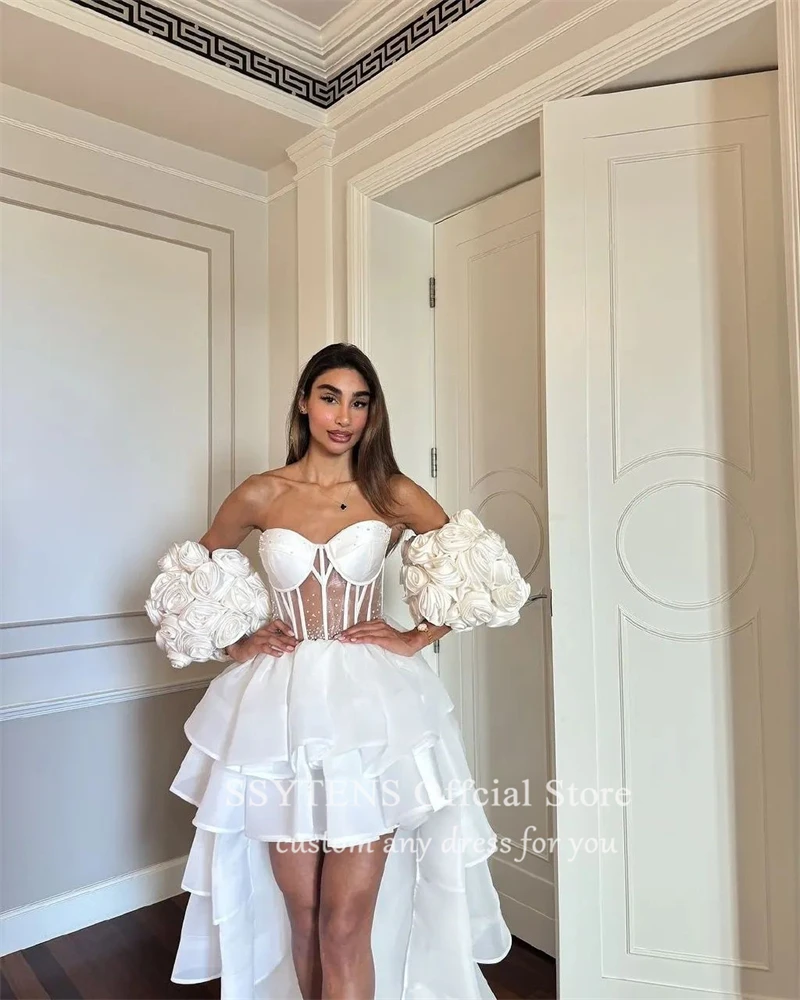 SSYTENS Luxury Short Wedding Dresses Tiered High-low Vestidos De Novia Bride Dress Flowers Sleeves Bridal Gowns Vestidos De Boda