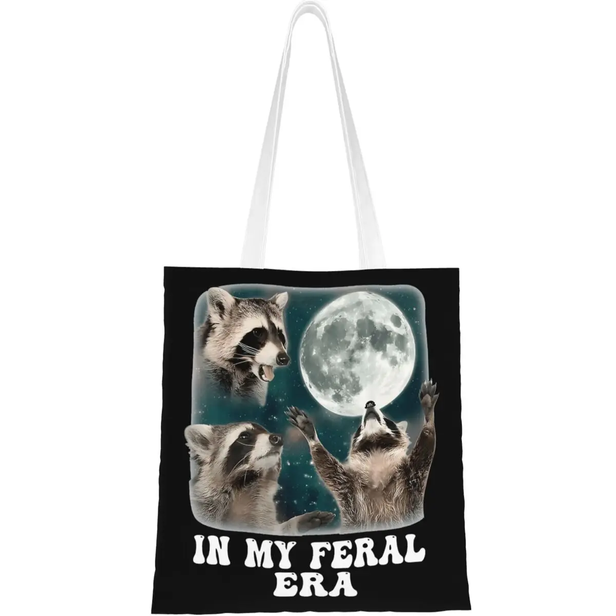 In My Feral Era Racoons Canvas Tote Bag Aesthetic Unique Design Racoon Howling At The Moon Meme Shopping Bag for Women Men