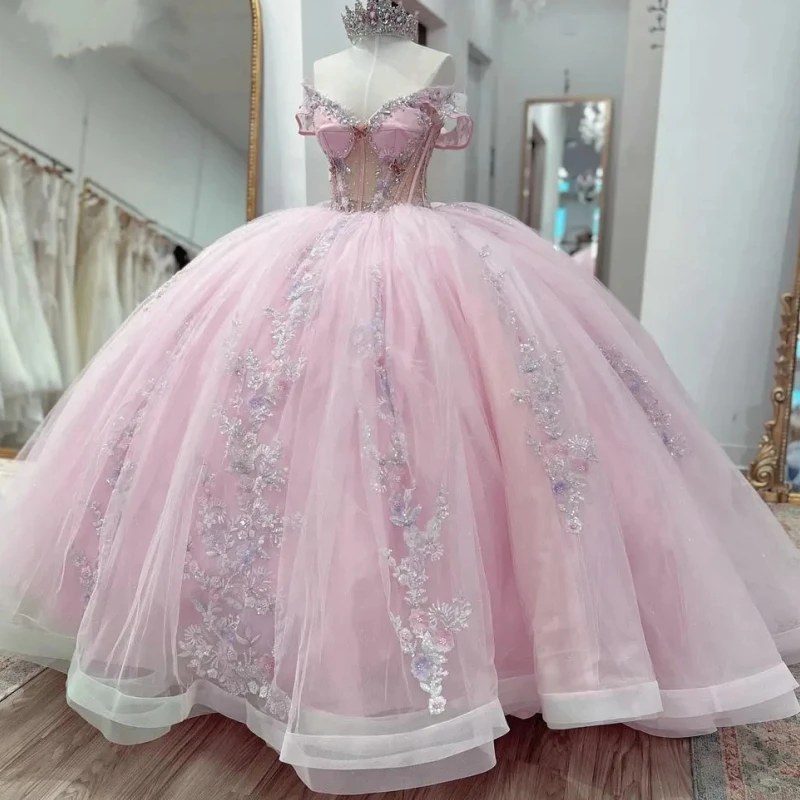 

Customized Princess Girl Quinceanera Dresses Off Shoulder Flower Applique Illusion Ball Gown Prom Birthday Party Dress 15 16
