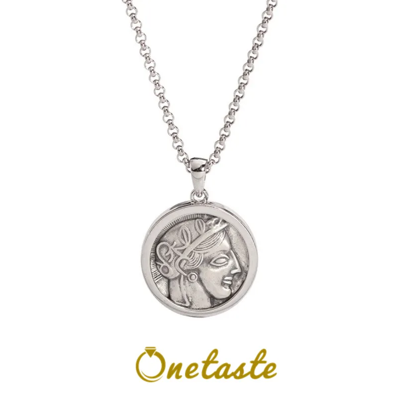 

925 Sterling Silver ATHENS Ancient Coin Round Pendant Necklace For Women 52cm Portrait Owl Double Side Statement Necklaces Gift