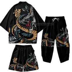 Large Size 5XL 6XL Japanese Kimono Cardigan Pants Set Print Dragon Men Women Shirt Tradition Yukata Haori Obi Cosplay Costume