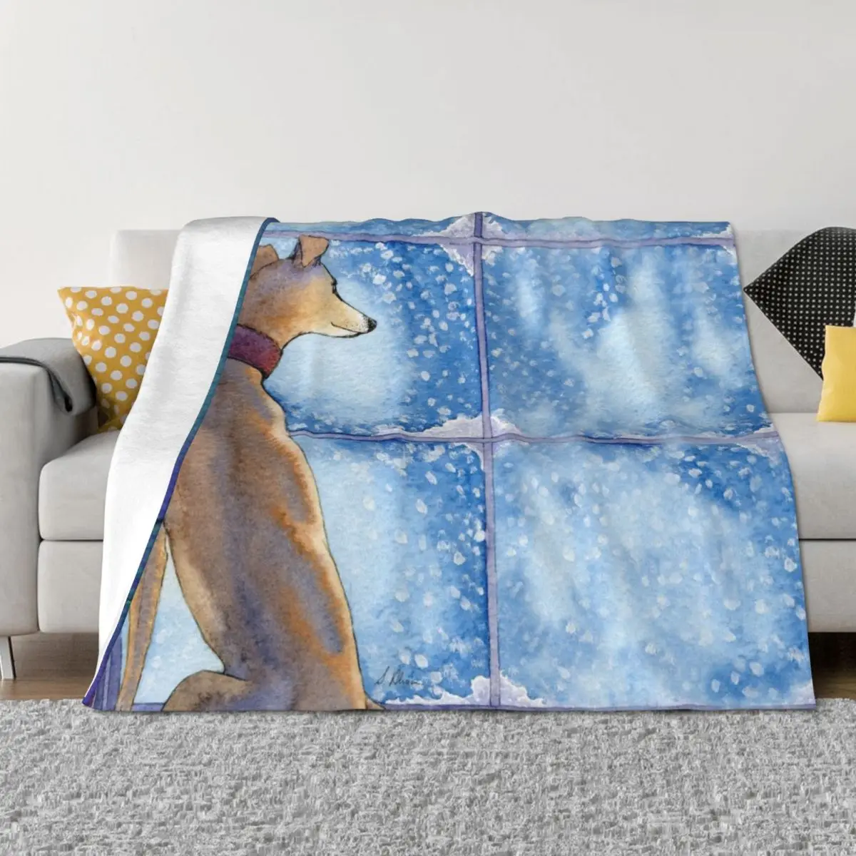 

Greyhound dog sits in the warm watching the snow fall outside Throw Blanket Furrys Warm Moving Soft Big Blankets