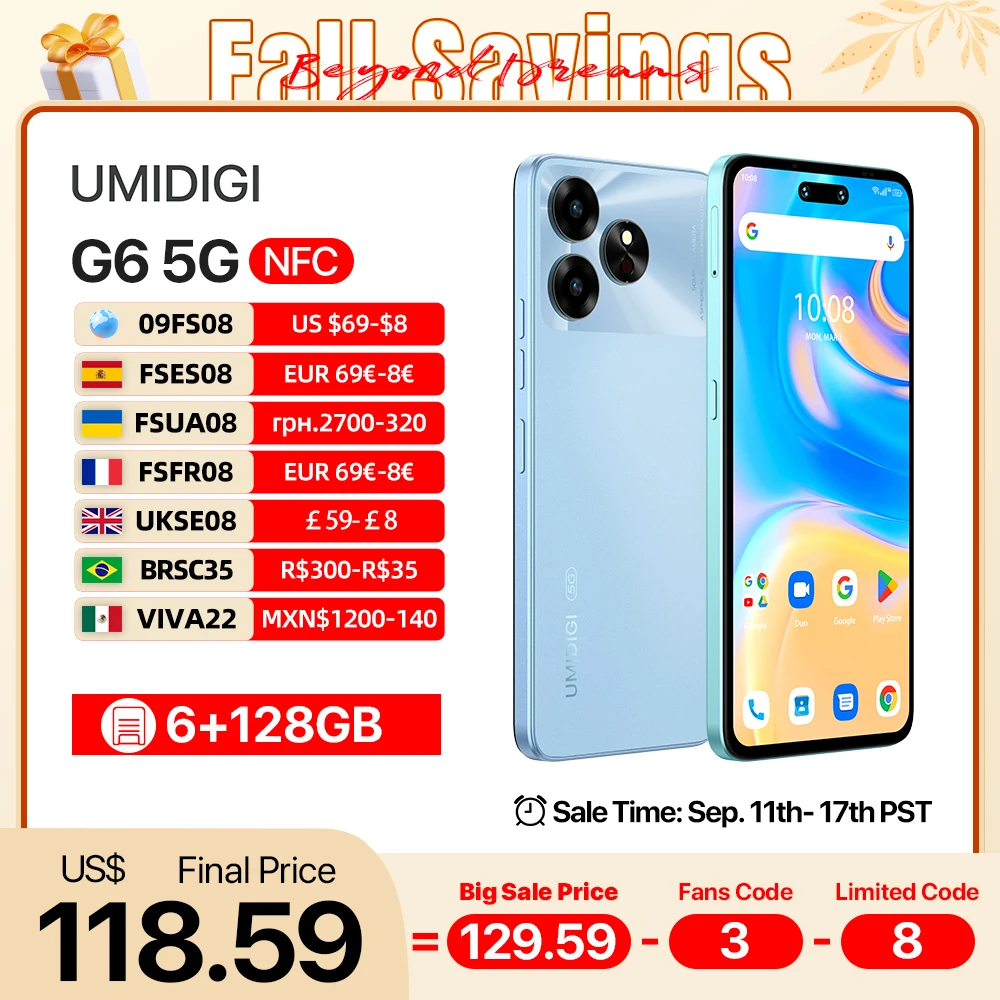 [NUOVO 5G] UMIDIGI G6 5G Smartphone 5G Android 13 Dimensity 6100+ 6+6GB 128GB 6.57” 90Hz 50MP Ultra-Clear Eye-Care Doppia fotocamera NFC