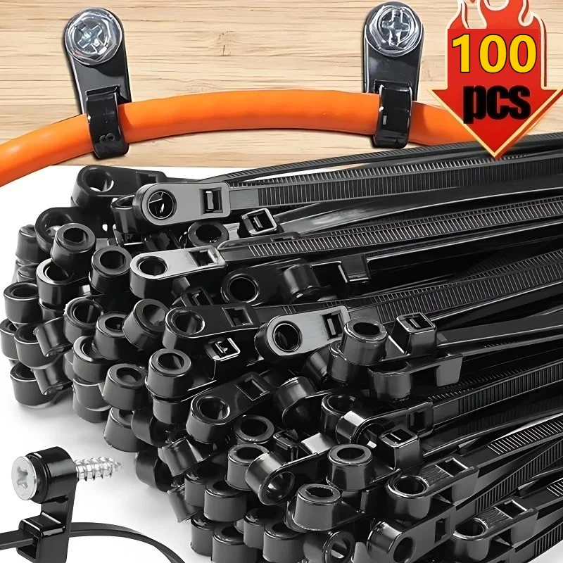 100PCS Screw Hole Cable Ties Reusable Fixed Nylon Cable Ties Self-locking Cord Ties Straps Fastening Loop Office Organizer Ties