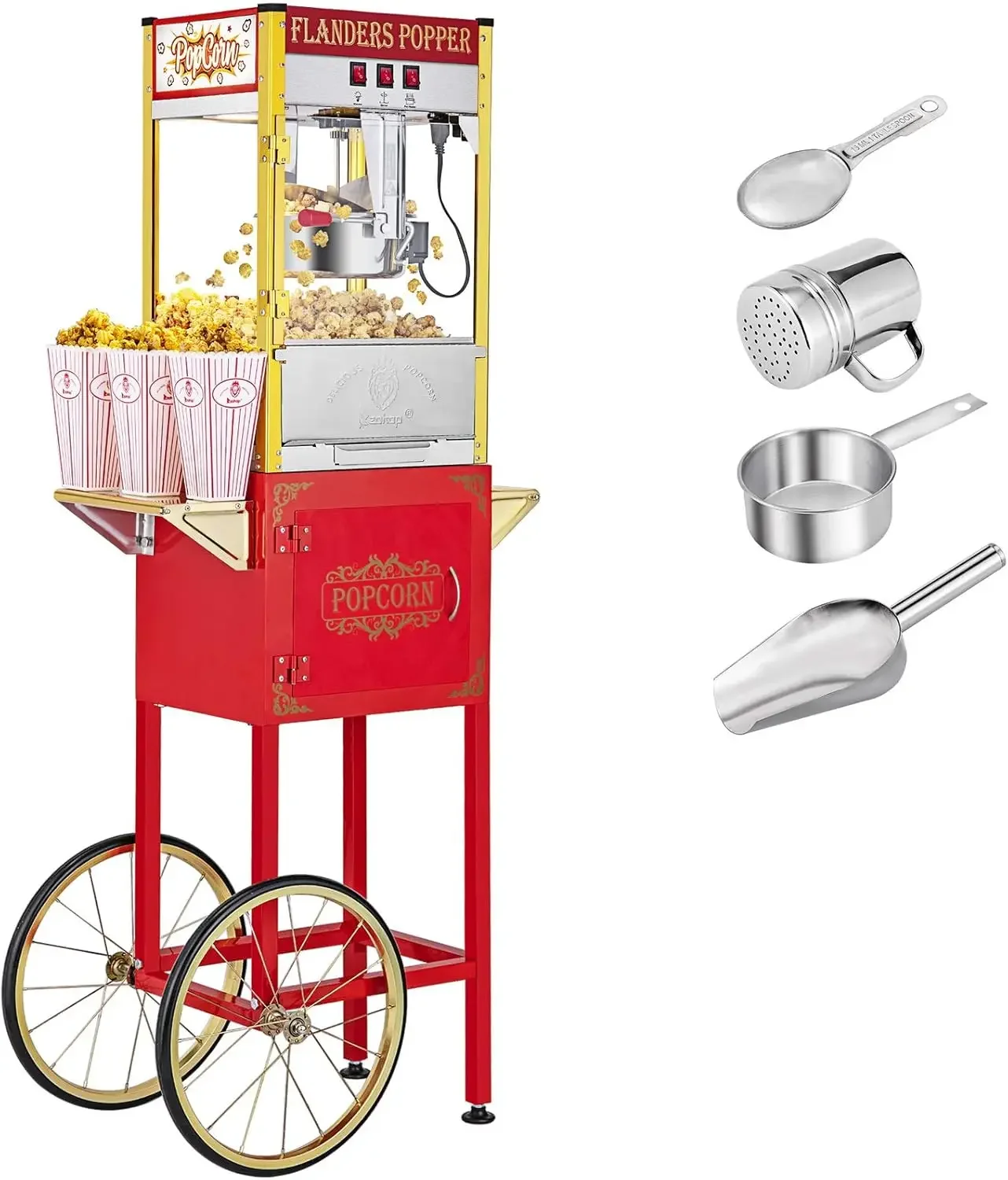 Popcorn Machine with Cart, Wheels & 8 Oz Kettle Makes Up to 32 Cups, Popcorn Maker with Stainless Steel Scoop, Oil Spoon & 3 Pop