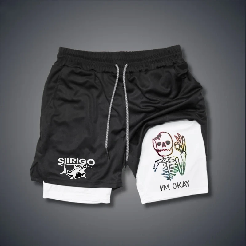 2024 European and American Style Skull Printed Double Layered Shorts, Sports Casual Quick Drying Sports Shorts Beach Shorts