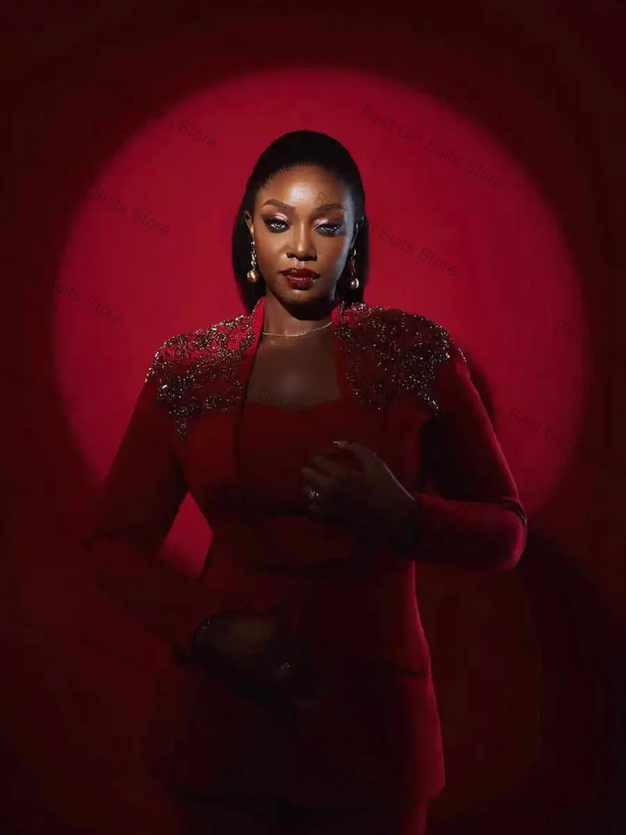 

Red Women Suit Set 2 Pcs Blazer+Straight Pants Formal Office Business Jacket Customized Cotton Wedding Guest Coat Trousers