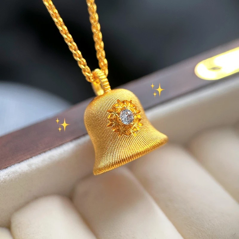 

Pure 18 K Gold Color Brushed Bell Pendant Necklace for Women Bride Wedding Birthday Valentine's Day Necklace Chain Jewelry Gifts