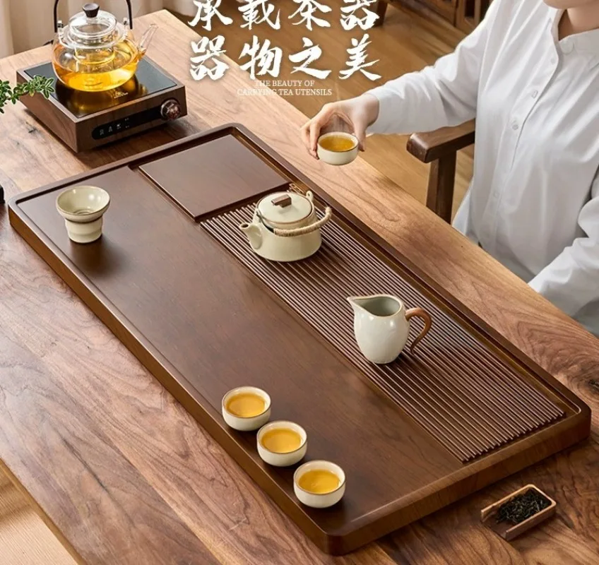 For Solid Wood Tea Tray, Thickened Walnut Color Dry Brewing Serving Tray with Water Pipe & Ball, 40/50/60cm for Living Room