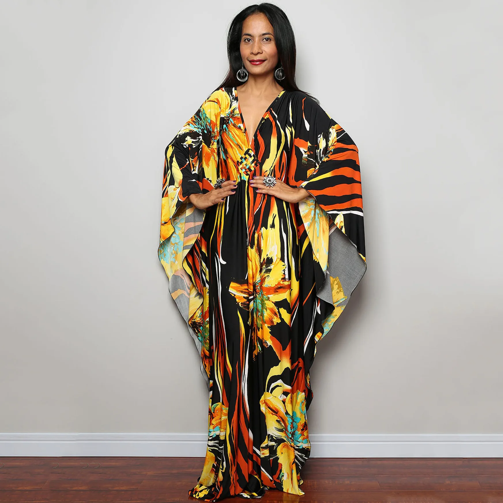 Robe Longue à Manches Chauve-Souris pour Femme, Tenue de Plage, Style Bohème, Caftan, Maxi, Sexy, Imprimé, Décolmétrage en V Profond, Automne 2024