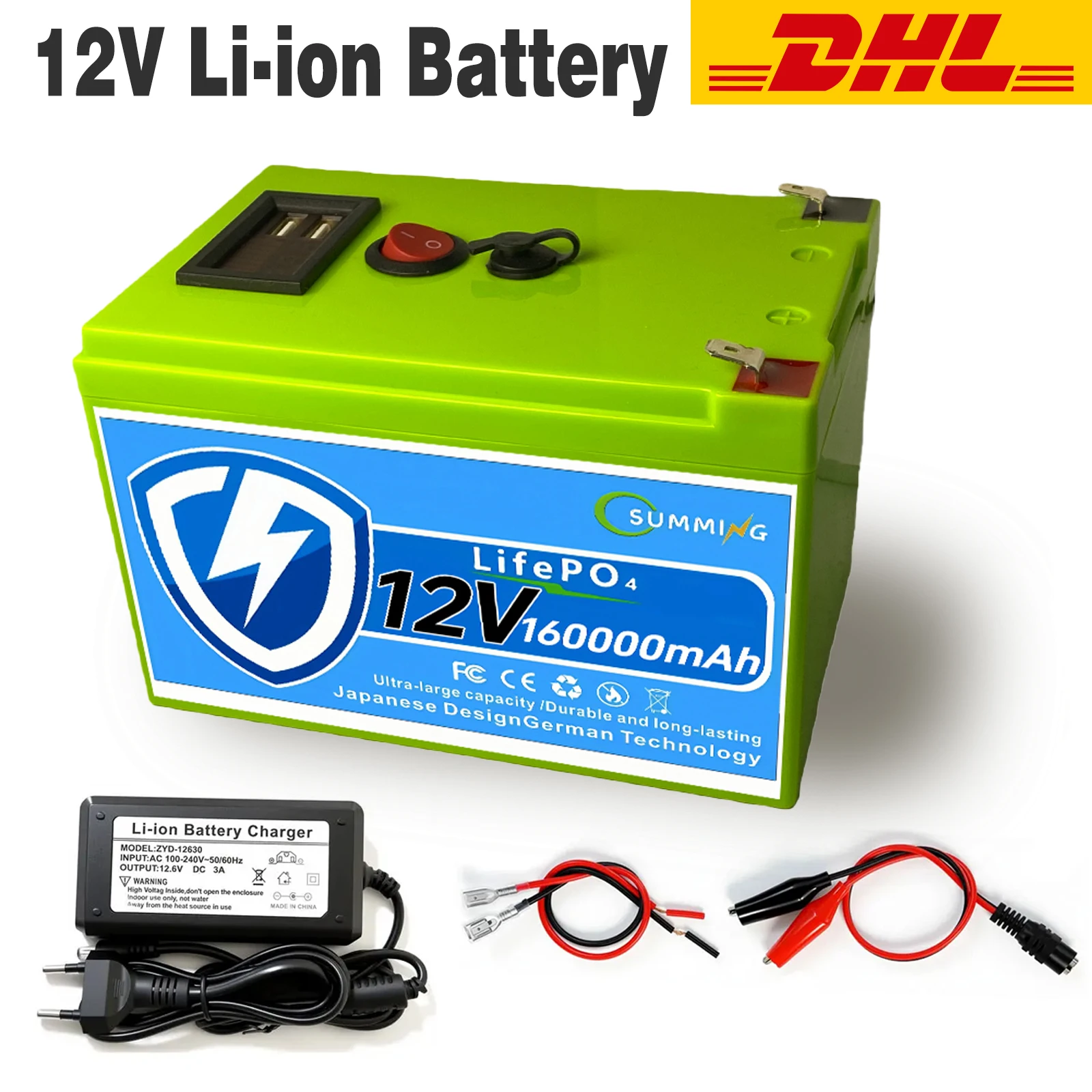 12V 40Ah-160Ah Battery Pack Grade A Cells，for LED lights, camping, and home backup power supply 18650 Lithium Battery +Charger