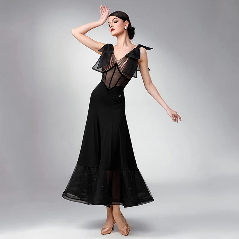 Zomer Ballroom Jurk Standaard Dans Kostuum V-hals Mesh Mouwloze Lange Jurken Vrouwen Baljurken Wals Competitie Outfit 2049