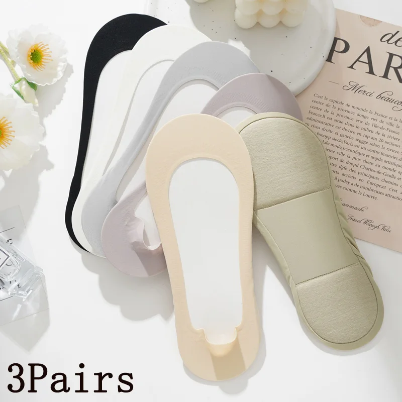 3 Pairs/Lot Women's Ice Silk Thickened Sponge Bottom Boat Socks Shockproof Non-slip Silicone Comfortable Invisible Casual Socks