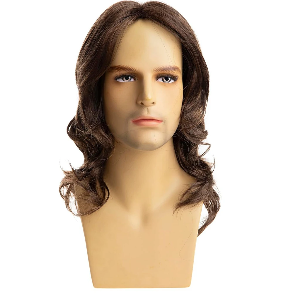 Peluca rizada de longitud media para hombre, pelucas de fibra sintética resistentes al calor, color marrón Natural, con flequillo lateral, pelucas de uso diario