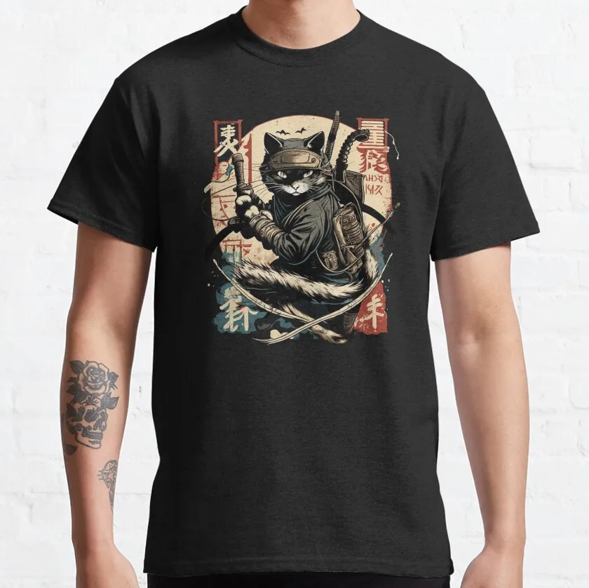 

Funny kitten kawaii Cat Samurai men's T-Shirt for men vintage japanese Ninja Cat printed clothing plus size tee