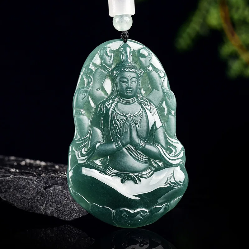 

TIMESWIND Natural A-type Jade Deep Green Qianshou Guanyin Ice Sense Pendant Men Necklace with Certificate