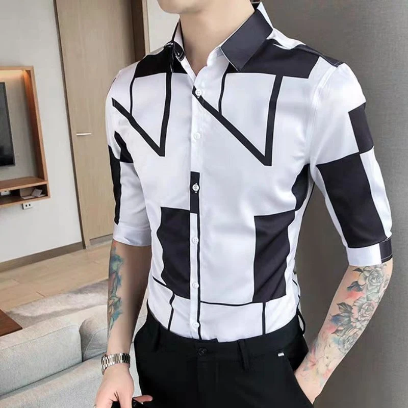 Summer New Turn-down Collar Fashion Half Sleeve Shirt Man High Street Casual Loose Button Cardigan England Printing Office Tops