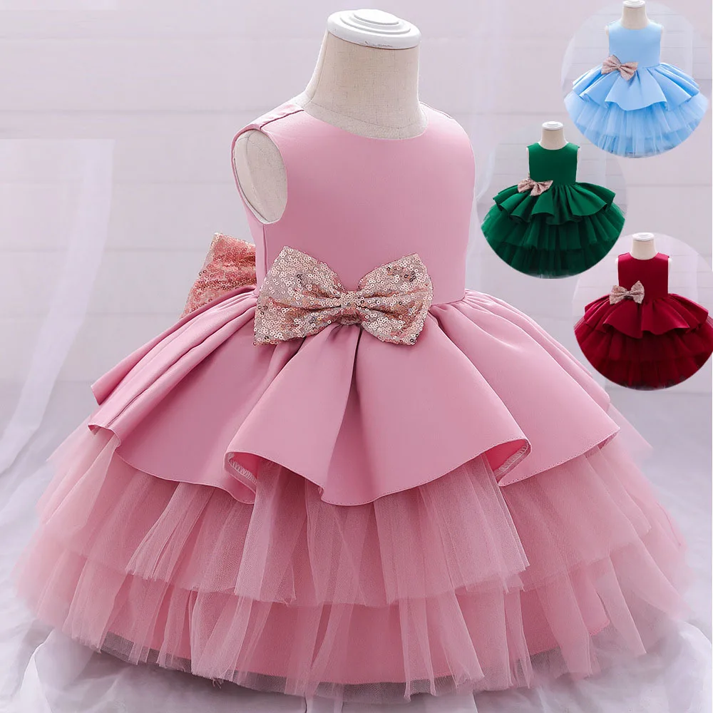 Beadings Girls Mesh Dress 2024 Summer New Female Baby Birthday Party Dresses Golden Color Bow Lace Princess Dress 2-10T