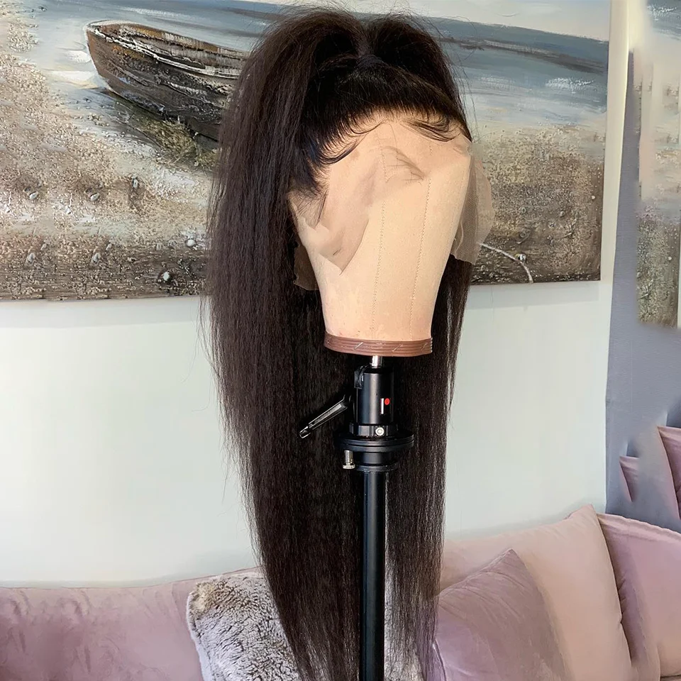 Glueless Soft 28 inch 200% Density Natural Black Long Yaki Kinky Straight Lace Front Wig For Women With Baby Hair Preplucked image 3