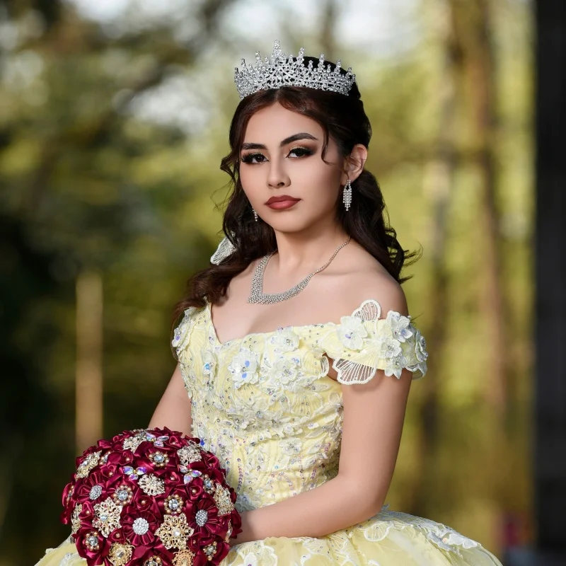 

light yellow Quinceanera Dress off-shoulder Glitter 3D flower Decal Lace Vestidos De 15 Quinceanera ﻿Customize